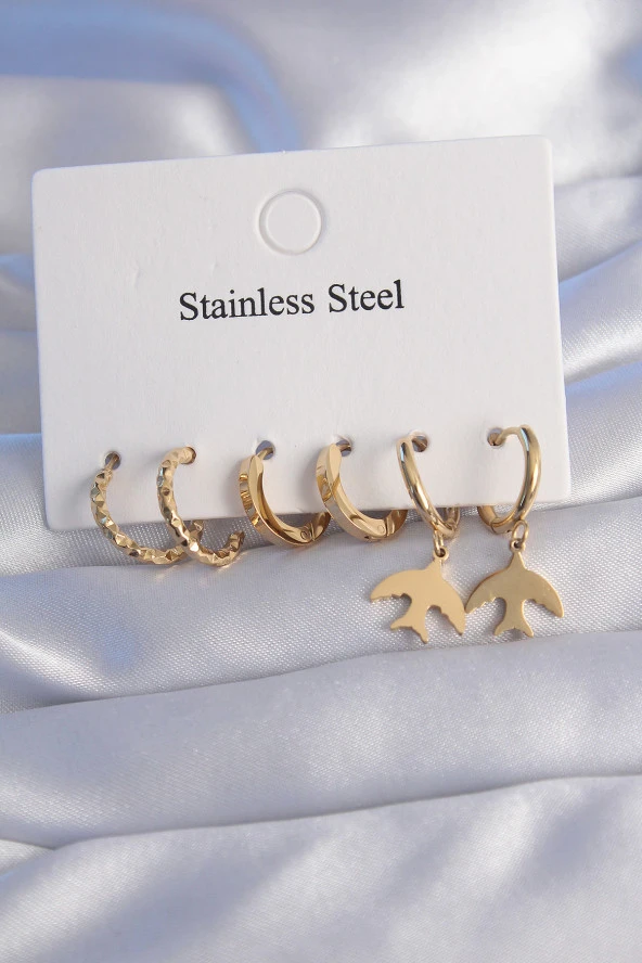 316L Çelik Gold Renk Oval Tasarım Kuş Model Küpe Seti - EBJ240629W25051 ürün görseli