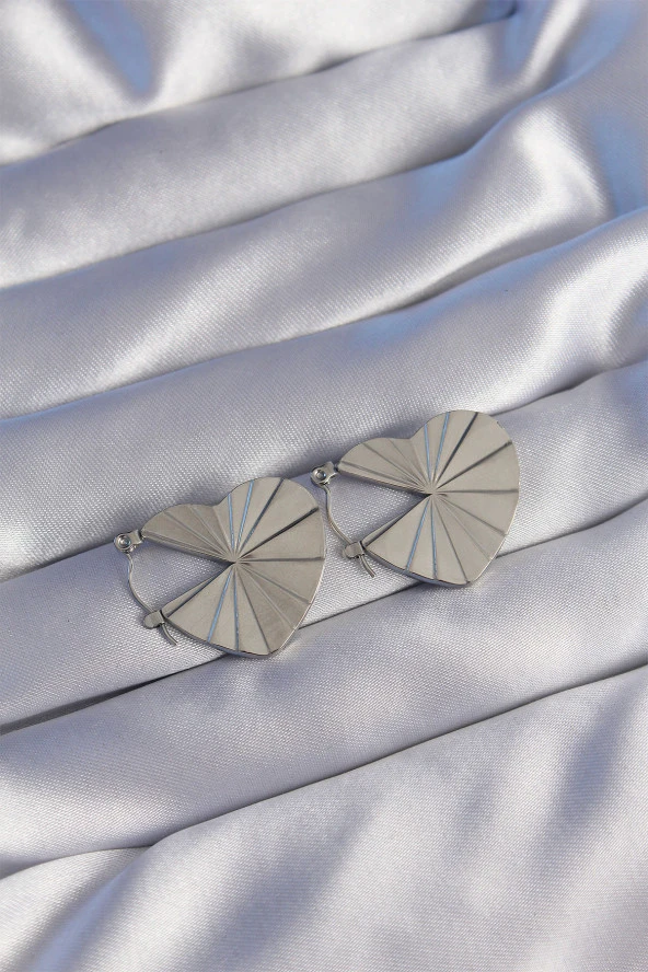 316L Çelik Gümüş Renk Çizgili Plaka Tasarımlı Kalp Küpe - EBJ240629W25062 ürün görseli