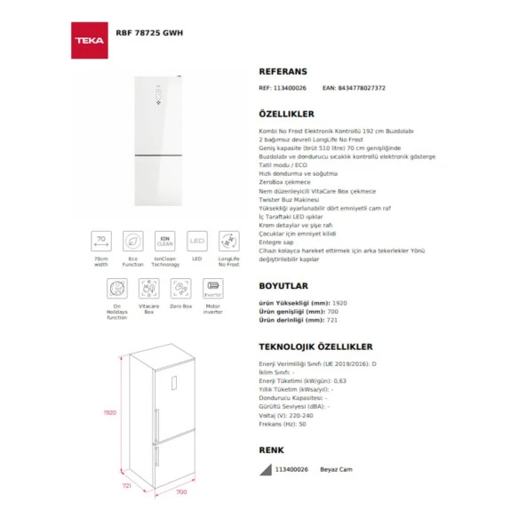 Teka Rbf 78725 Gwh Eu No Frost Beyaz Solo Buzdolabı - 6