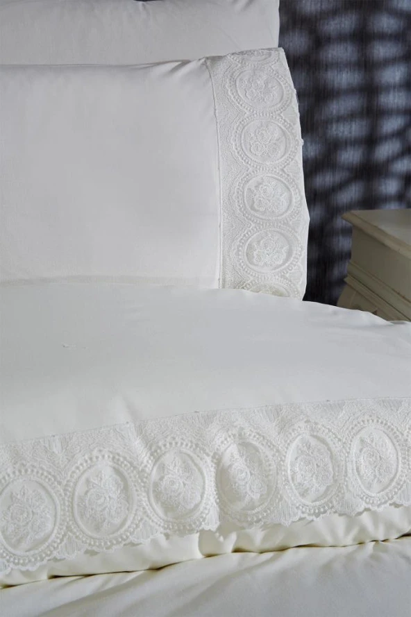 Fransız Dantelli Seda Çeyizlik Nevresim Takımı Krem - Resim 5