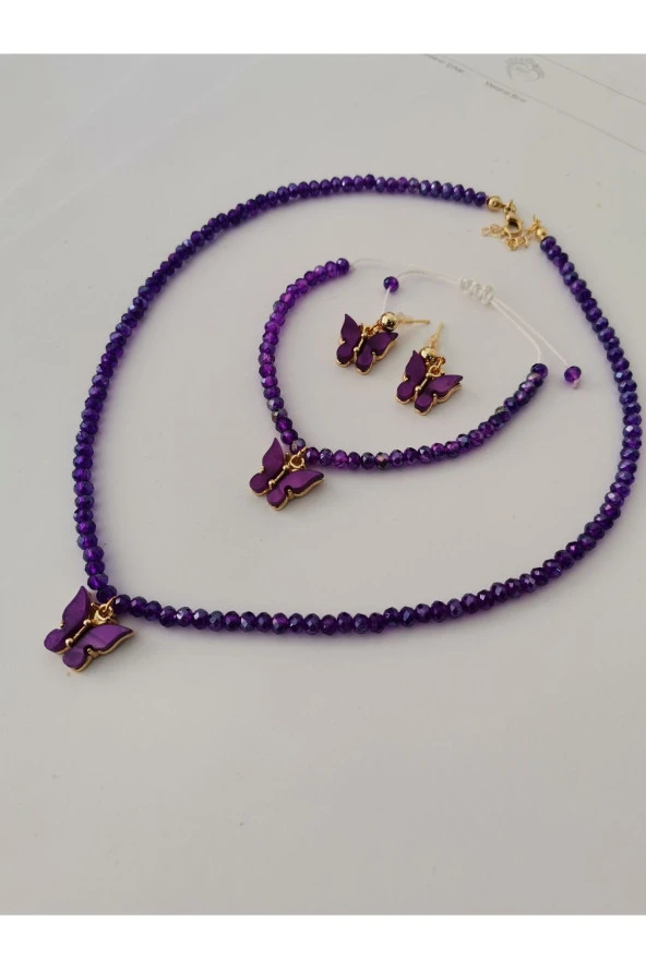 MİNİK ADIMLAR Kristal Kolye & Bileklik Ve Kelebek Top Küpe - 3