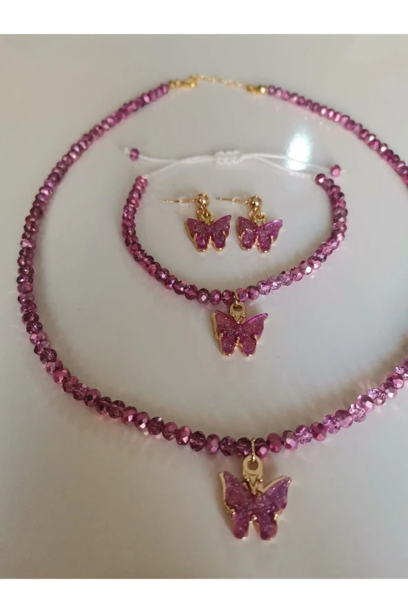 MİNİK ADIMLAR Kristal Kolye & Bileklik Ve Kelebek Top Küpe - 4