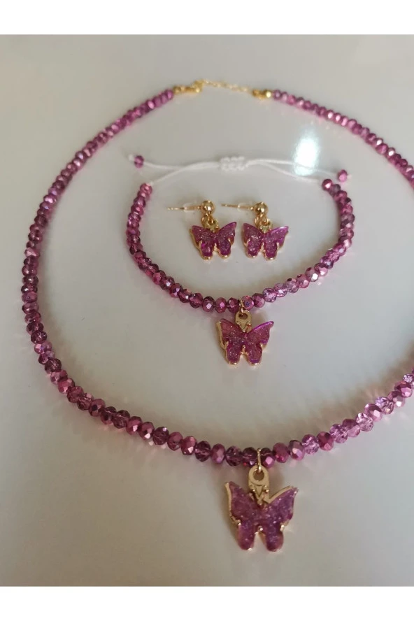 MİNİK ADIMLAR Kristal Kolye & Bileklik Ve Kelebek Top Küpe - 5