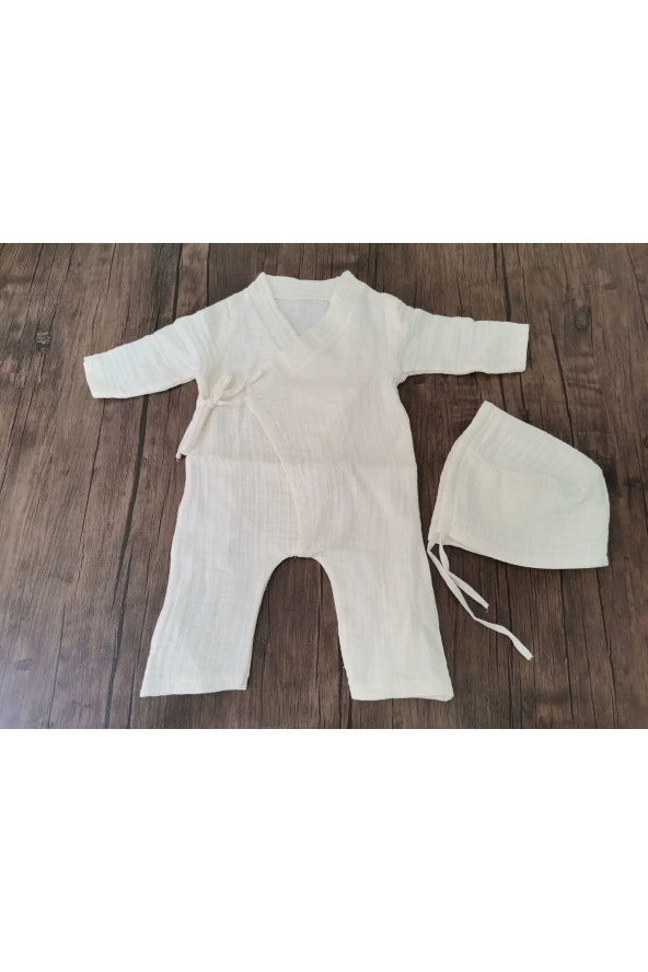 MİNİK ADIMLAR Minik Adımlar 4 Kat Müslin Bebek Yandan Bağlamalı Tulum Seti - 3