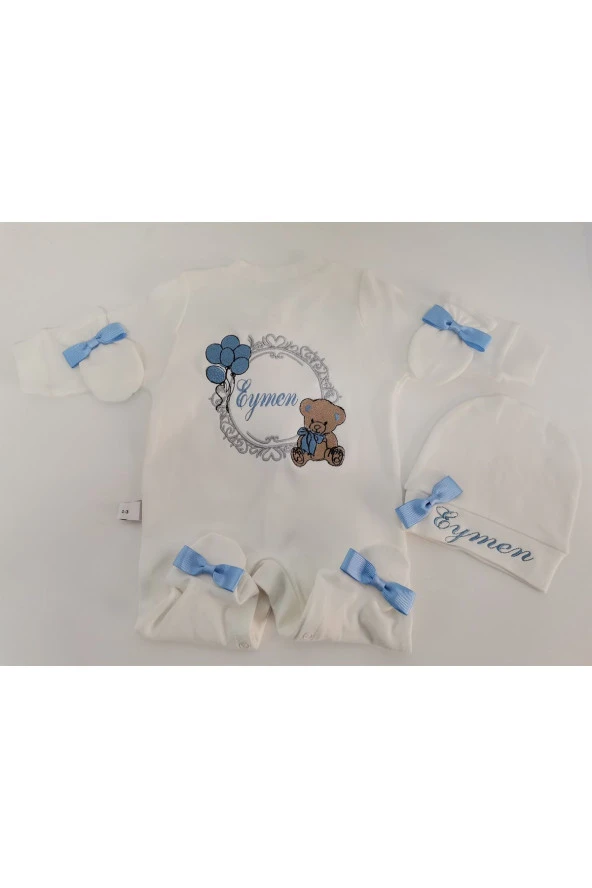 MİNİK ADIMLAR İsme Özel Nakışlı Bebek Tulum Seti ve Kapı Süsü İsimli Balonlu Sevimli Ayıcıklı - 2