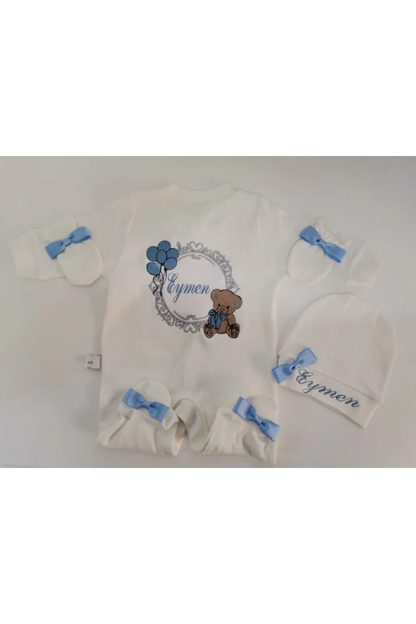 MİNİK ADIMLAR İsme Özel Nakışlı Bebek Tulum ve Battaniye İsimli Balonlu Sevimli Ayıcıklı - 3