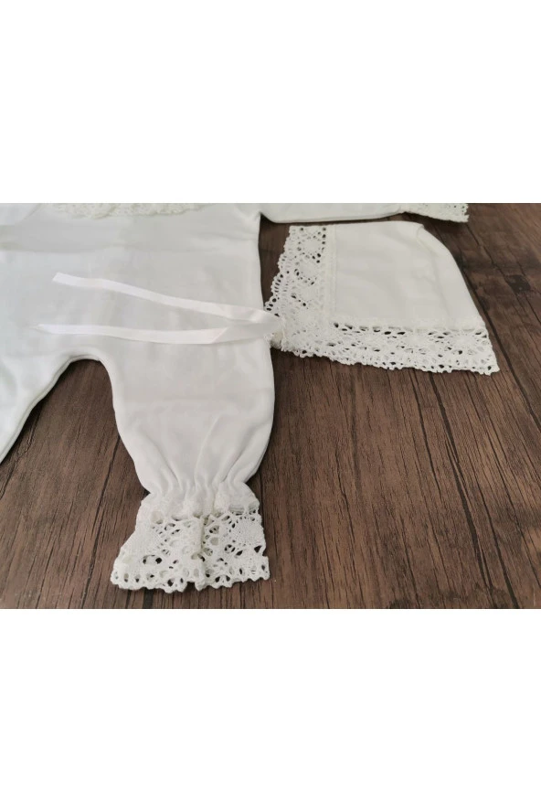 MİNİK ADIMLAR Minik Adımlar Dantelli Bebek Yakalı Tulum Seti - 4