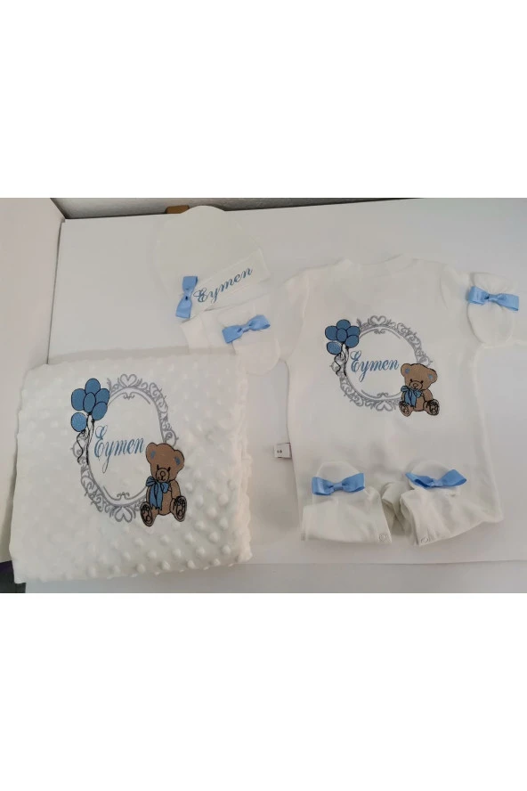 MİNİK ADIMLAR İsme Özel Nakışlı Bebek Tulum ve Battaniye İsimli Balonlu Sevimli Ayıcıklı - 5
