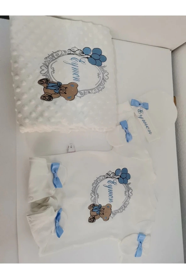 MİNİK ADIMLAR İsme Özel Nakışlı Bebek Tulum ve Battaniye İsimli Balonlu Sevimli Ayıcıklı - 6