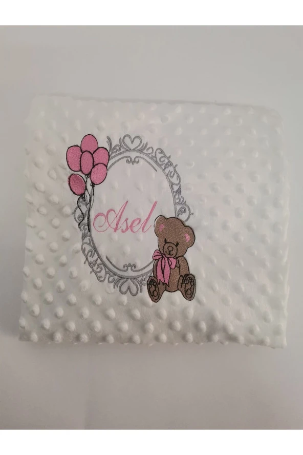 MİNİK ADIMLAR İsme Özel Nakışlı Bebek Battaniye ve Kapı Süsü İsimli Balonlu Sevimli Ayıcıklı - 4