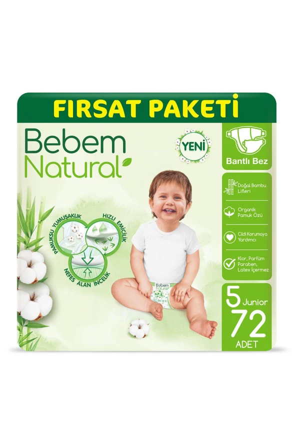 Bebem Natural Bebek Bezi 5 Beden Junior Fırsat Paketi 72 Adet