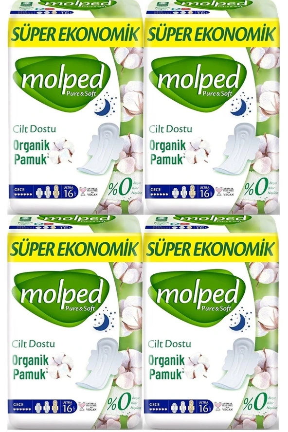 Molped Pure & Soft Gece Süper Ekonomik Ped 16 Lı X 4 Adet