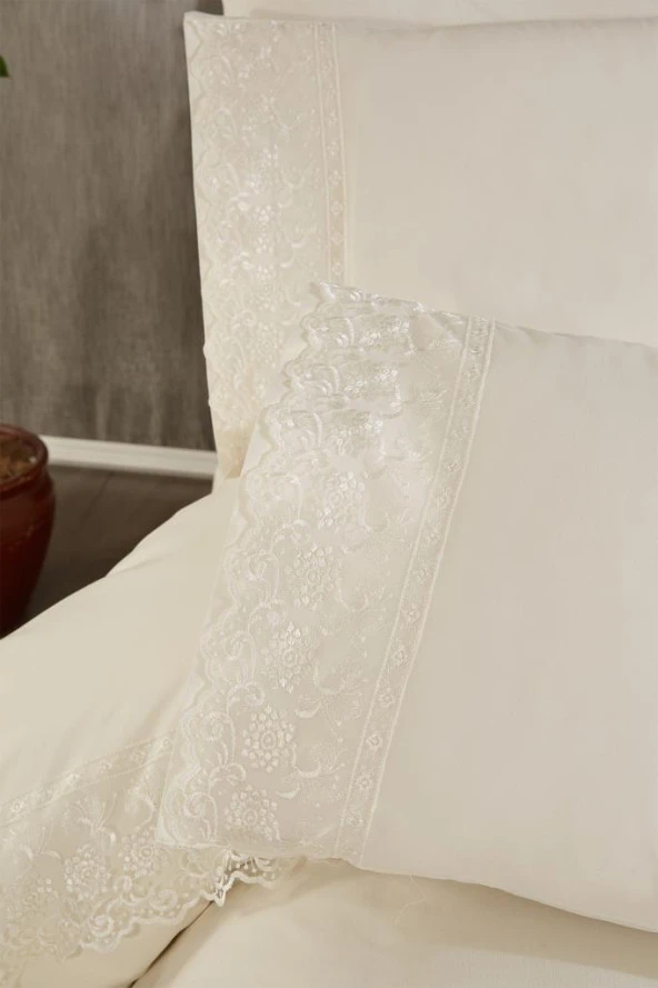 Fransız Dantelli Reyhan Çeyizlik Nevresim Takımı Krem - Resim 4