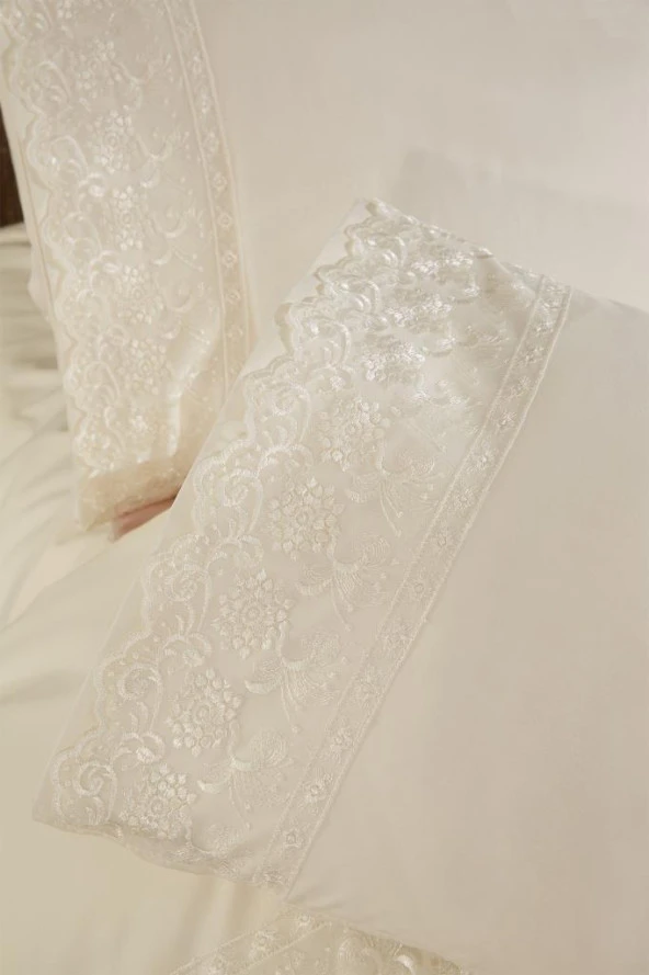 Fransız Dantelli Reyhan Çeyizlik Nevresim Takımı Krem - Resim 5