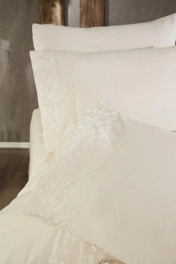 Fransız Dantelli Reyhan Çeyizlik Nevresim Takımı Krem - Resim 6