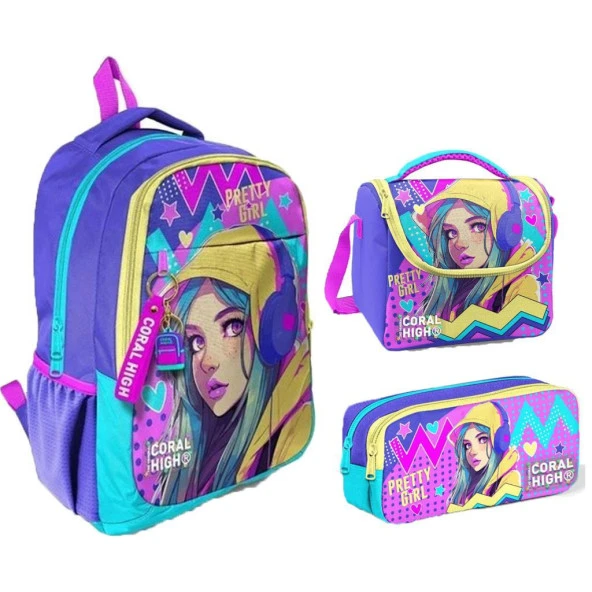 Coral High 23661 İlkokul Sırt Çantası + Beslenme Çantası + Kalem Kutusu 3'lü Set