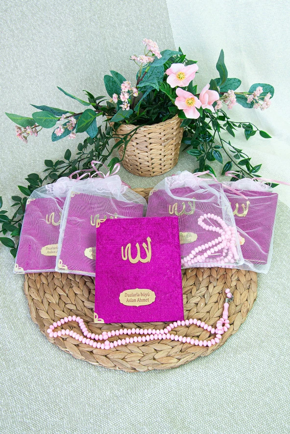 5 Adet Keseli Tesbihli İsim Baskılı Kadife Kaplı Yasin Mevlüt Kitabı Seti Hediyesi Fuşya - Resim 2