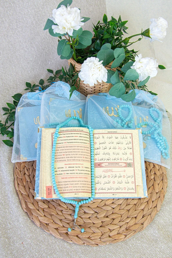 5 Adet Keseli Tesbihli İsim Baskılı Kadife Kaplı Yasin Mevlüt Kitabı Seti Hediyesi Mavi - Resim 3