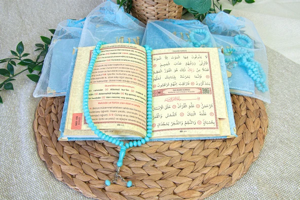 5 Adet Keseli Tesbihli İsim Baskılı Kadife Kaplı Yasin Mevlüt Kitabı Seti Hediyesi Mavi - Resim 4