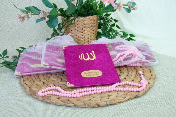 5 Adet Keseli Tesbihli İsim Baskılı Kadife Kaplı Yasin Mevlüt Kitabı Seti Hediyesi Fuşya - Resim 3