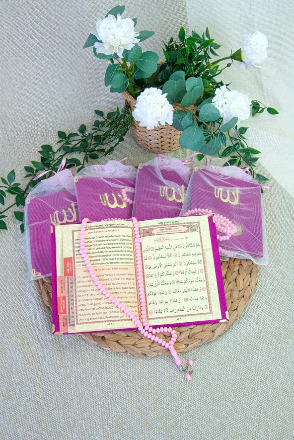5 Adet Keseli Tesbihli İsim Baskılı Kadife Kaplı Yasin Mevlüt Kitabı Seti Hediyesi Fuşya - Resim 4