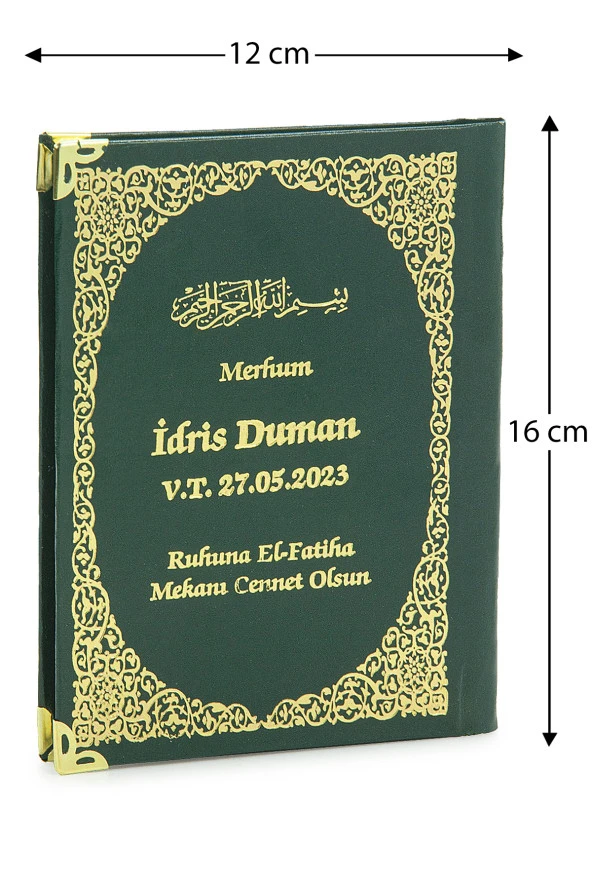 50 Adet İsim Baskılı Ayet-el Kürsi Desenli Yaldızlı Deri Ciltli  Çanta Boy Yasin Kitabı Mevlüt Hediyesi 128 Sayfa Yeşil