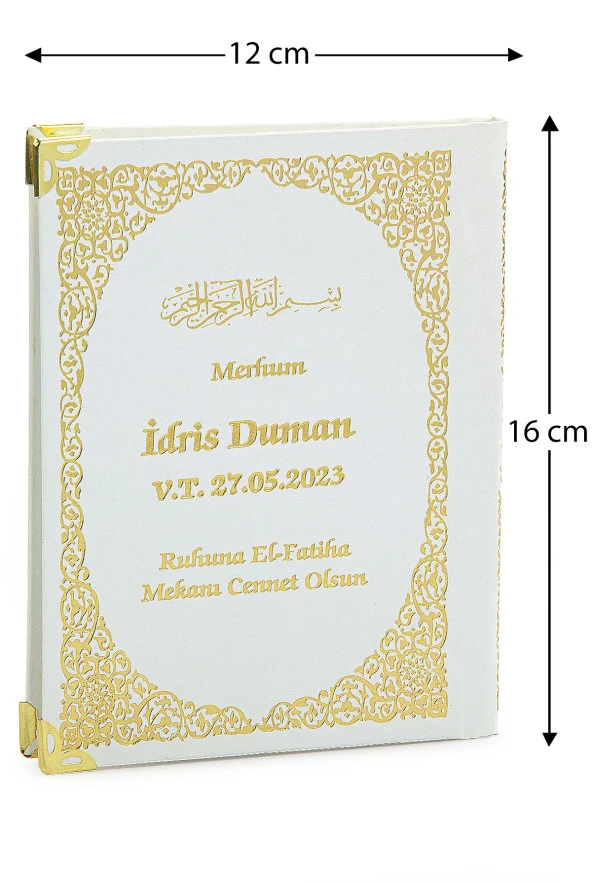 50 Adet İsim Baskılı Ayet-el Kürsi Desenli Yaldızlı Deri Ciltli  Çanta Boy Yasin Kitabı Mevlüt Hediyesi 128 Sayfa Beyaz