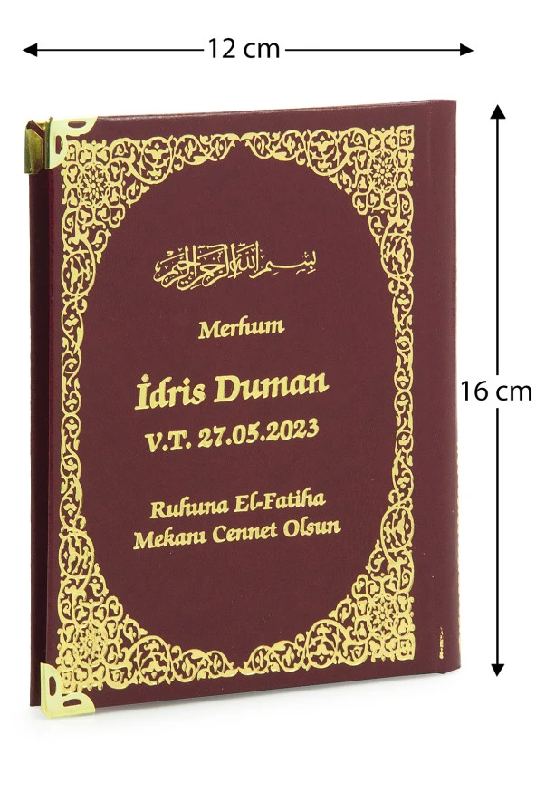 50 Adet İsim Baskılı Ayet-el Kürsi Desenli Yaldızlı Deri Ciltli  Çanta Boy Yasin Kitabı Mevlüt Hediyesi 128 Sayfa Bordo