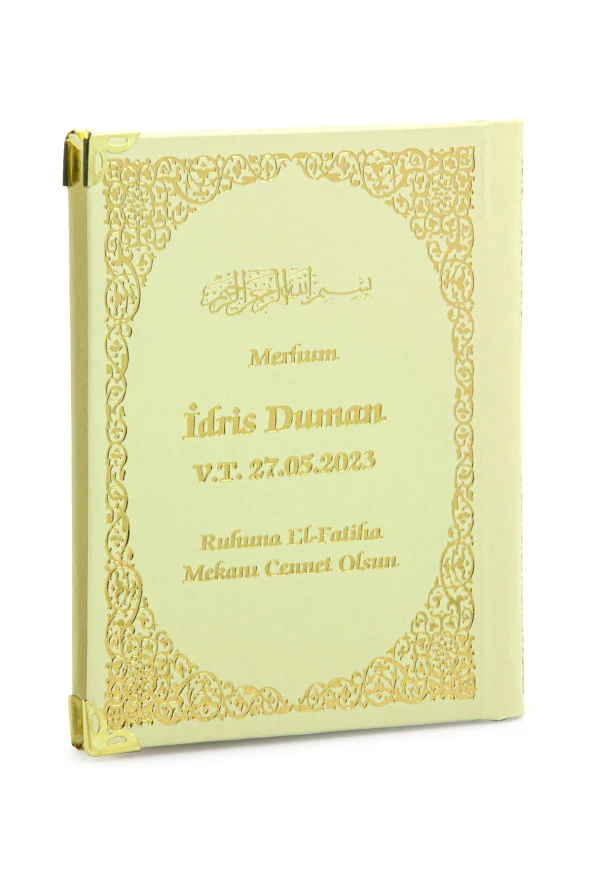 50 Adet İsim Baskılı Ayet-el Kürsi Desenli Yaldızlı Deri Ciltli  Çanta Boy Yasin Kitabı Mevlüt Hediyesi 128 Sayfa Krem - Resim 2