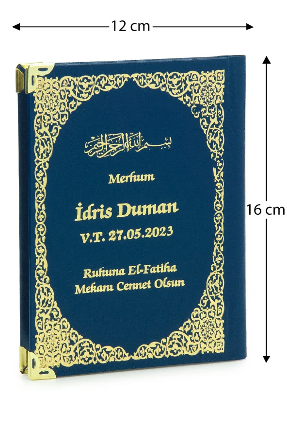 50 Adet İsim Baskılı Ayet-el Kürsi Desenli Yaldızlı Deri Ciltli  Çanta Boy Yasin Kitabı Mevlüt Hediyesi 128 Sayfa Lacivert