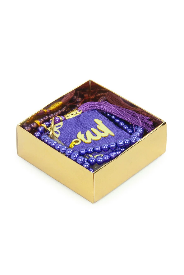 10 Adet İsme Özel Kutulu İnci Tesbihli Kadife Kaplı Mini Kuran Mevlüt Hediyesi Mor - Resim 3