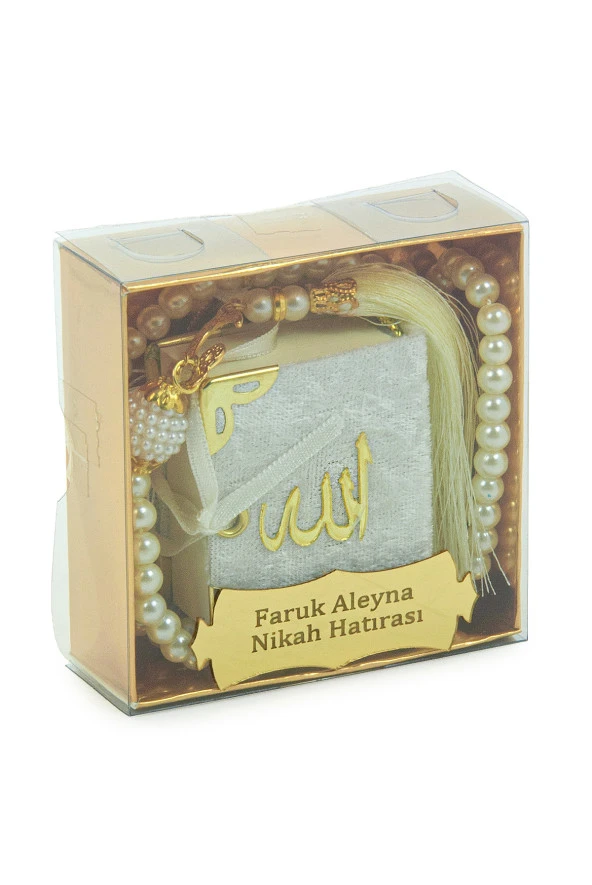 10 Adet İsme Özel Kutulu İnci Tesbihli Kadife Kaplı Mini Kuran Mevlüt Hediyesi Beyaz - Resim 2