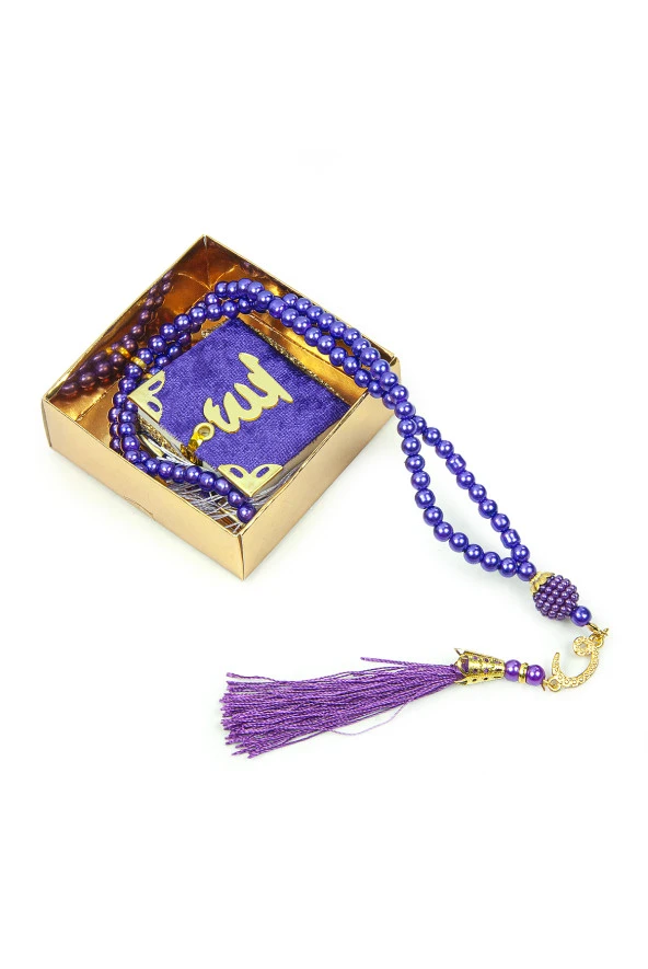 10 Adet İsme Özel Kutulu İnci Tesbihli Kadife Kaplı Mini Kuran Mevlüt Hediyesi Mor - Resim 5