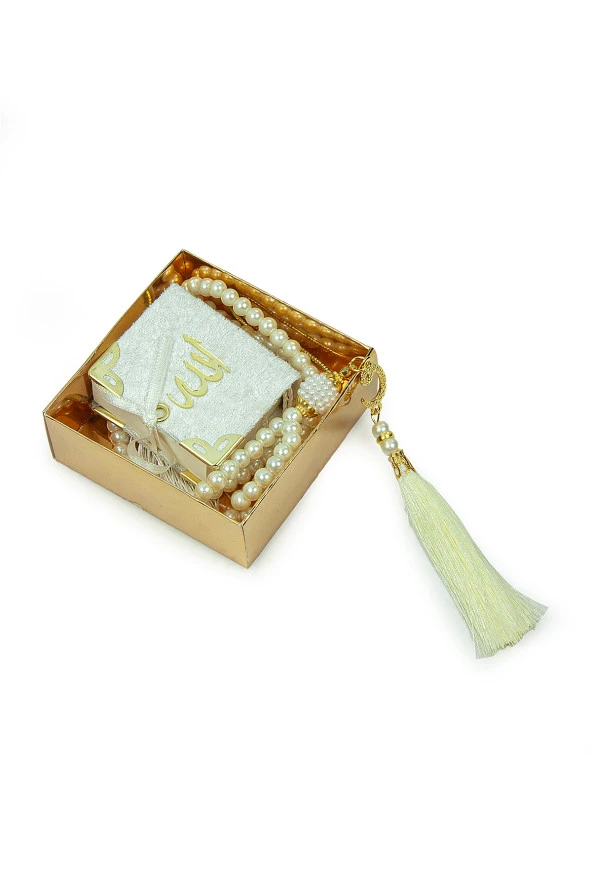 10 Adet İsme Özel Kutulu İnci Tesbihli Kadife Kaplı Mini Kuran Mevlüt Hediyesi Beyaz - Resim 5