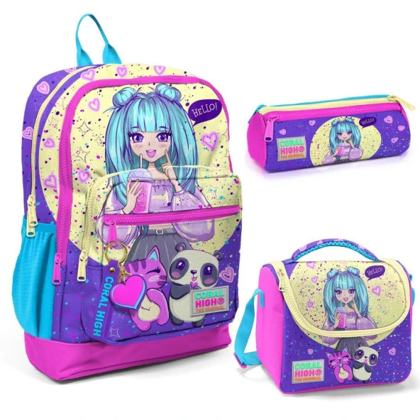 Coral High Desenli Okul Çantası Beslenme Kalemlik 3lü Set 23735