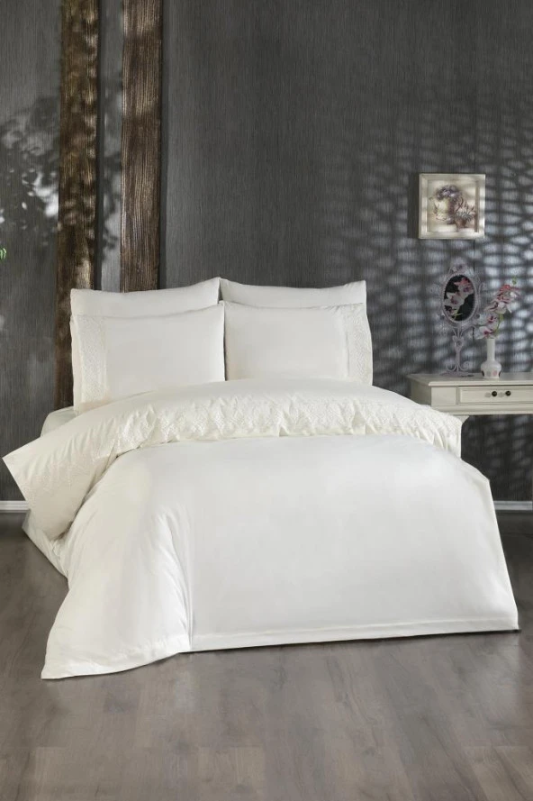 Fransız Dantelli Tadım Çeyizlik Nevresim Takımı Krem ürün görseli