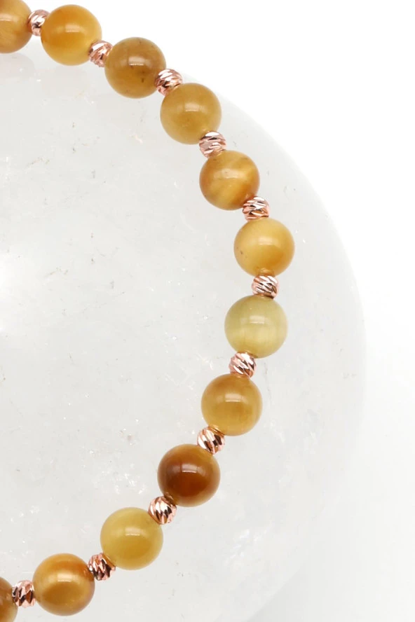 Sarı Kaplan Gözü Doğal Taş Makrome Örme Bileklik Küre Kesim - Resim 2