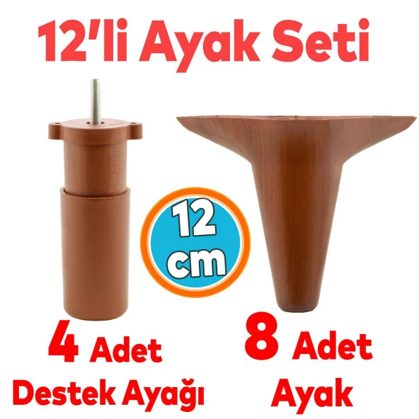 Mobilya Ayağı 12'li Set Robot Süpürge İçin Koltuk Kanepe Destek 12 cm Kahverengi Baza Ayak