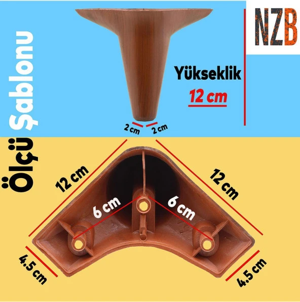 Mobilya Ayağı 12'li Set Robot Süpürge İçin Koltuk Kanepe Destek 12 cm Kahverengi Baza Ayak - 3