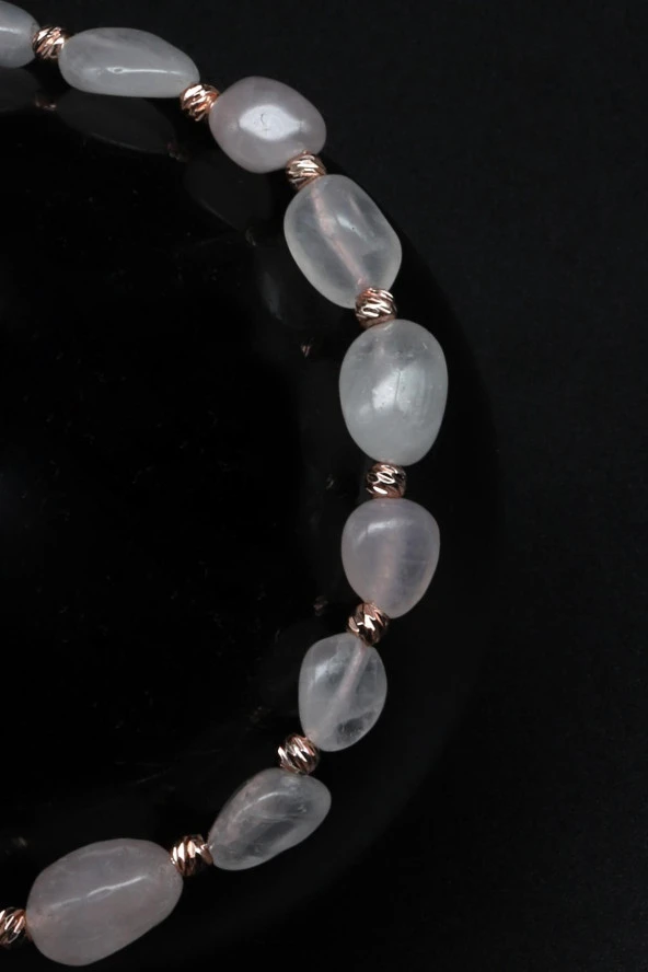 Pembe Kuvars Doğal Taş Makrome Örme Bileklik Şekilsiz Kesim - Resim 2