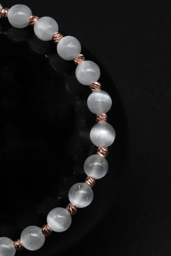 Selenit Doğal Taş Makrome Örme Bileklik Küre Kesim - Resim 2