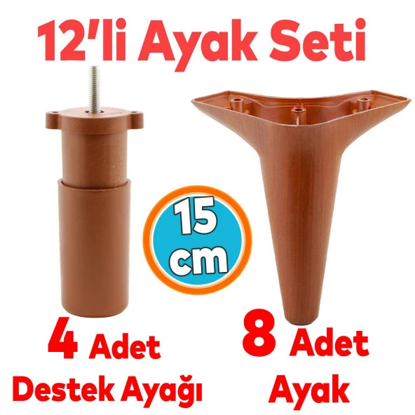 Mobilya Kanepe Sehpa TV Ünitesi Koltuk Ayağı 15 cm Kahverengi Baza Ayak 12'li Set