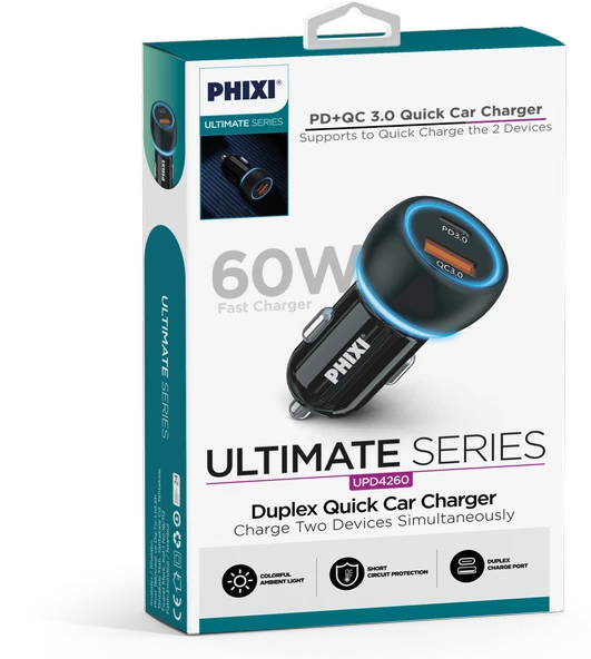 PHİXİ UPD4260 ÇİFT ÇIKIŞLI PD DESTEKLİ 60W ARAÇ ŞARJ ADAPTÖRÜ - 2