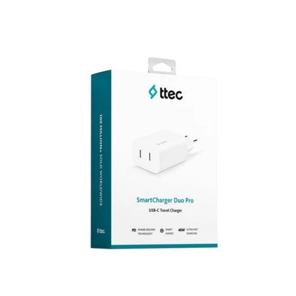 ttec SmartCharger Duo PD 40W Seyahat Hızlı Şarj Aleti USB-C + USB-C 2SCS27B Beyaz