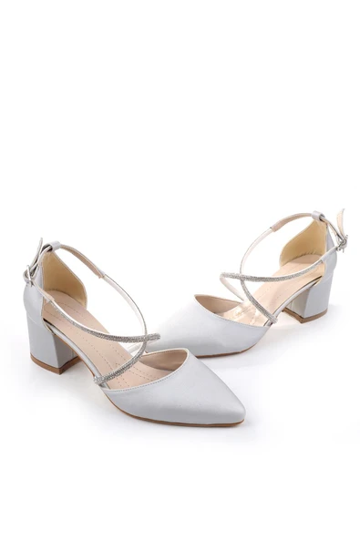 Ceylan 3909 Kadın Taş Detaylı  5,5 Cm Topuklu Saten Ayakkabı - Resim 3