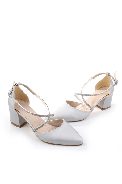 Ceylan 3909 Kadın Taş Detaylı  5,5 Cm Topuklu Saten Ayakkabı - Resim 3