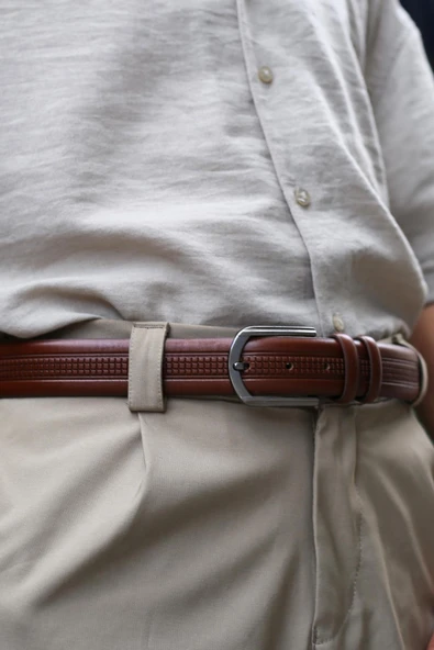 Papuç Sepeti Smt-3992 Erkek Hakiki Deri Kumaş Kemeri - Resim 2