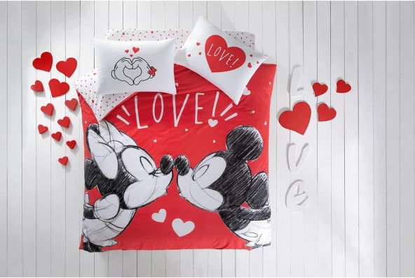 1000040100001 Disney Minnie Mickey Lovely Pamuk Lisanslı Nevresim Takımı, Çok Renkli