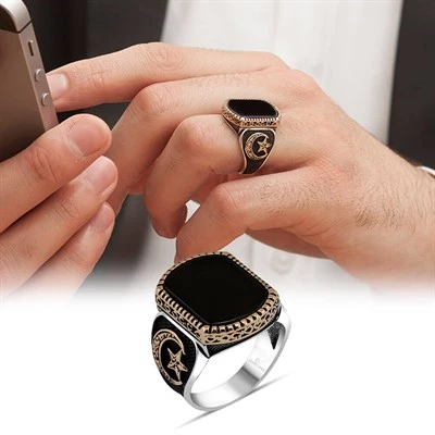 Oniks Taşlı Ayyıldız Desenli Gümüş Erkek Yüzük - 4