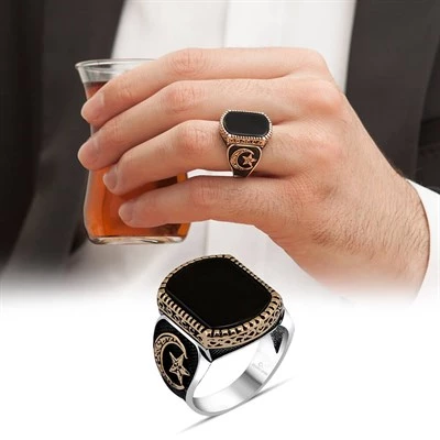 Oniks Taşlı Ayyıldız Desenli Gümüş Erkek Yüzük - 6